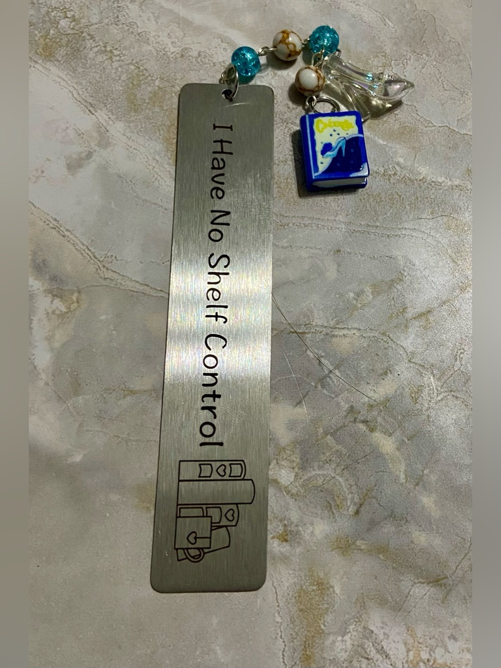 Hand Crafted Silver Metal Bookmark with Blue Bead and Book Charm